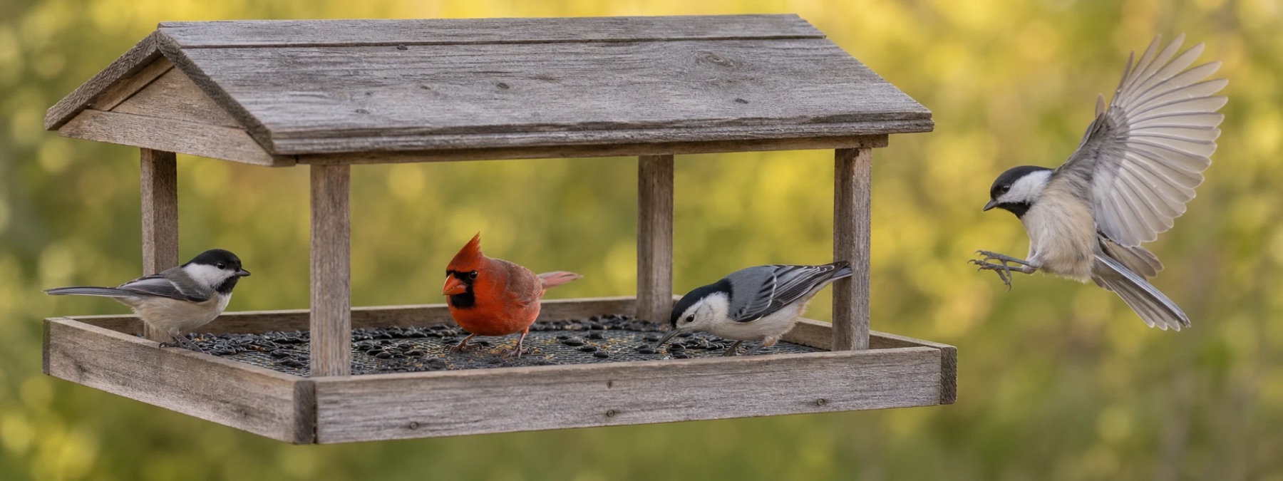 A chickadee, cardinal and nuthatch feeding close up on an open tray feeder
