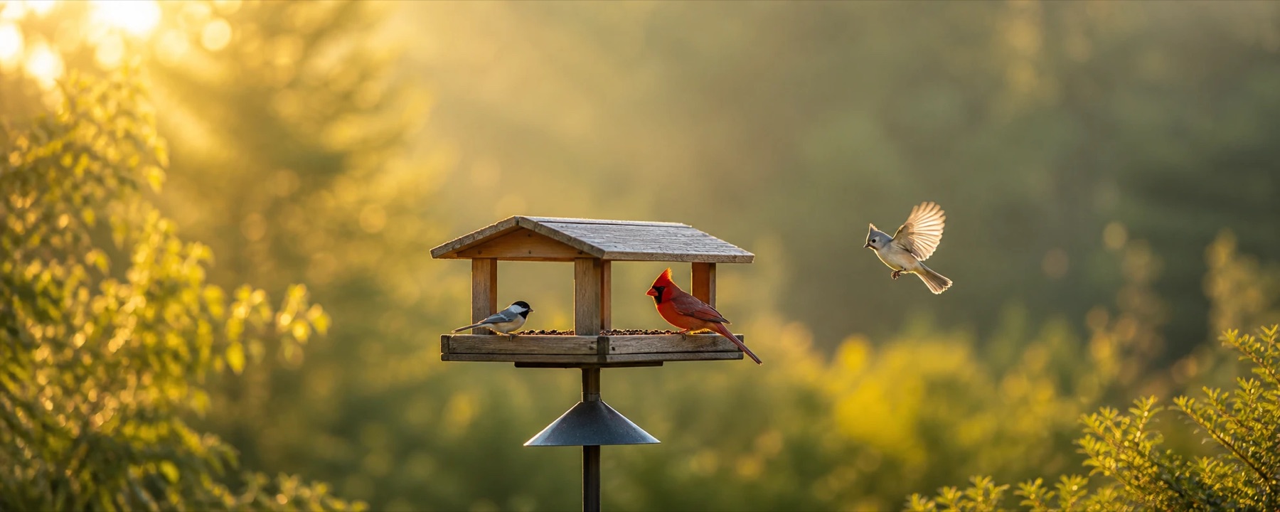 A tray feeder on a baffled pole in a backyard at sunrise, chickadee and cardinal feeding
